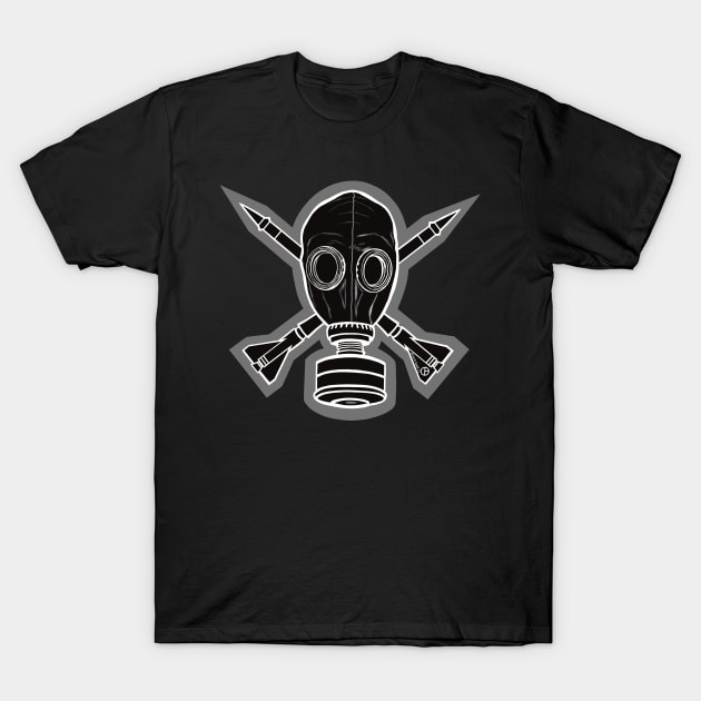 Gas Mask & Crossed Missiles T-Shirt by Art from the Blue Room